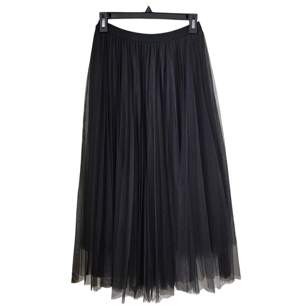 Black Mesh Overlay Midi Length Pleated Skirt